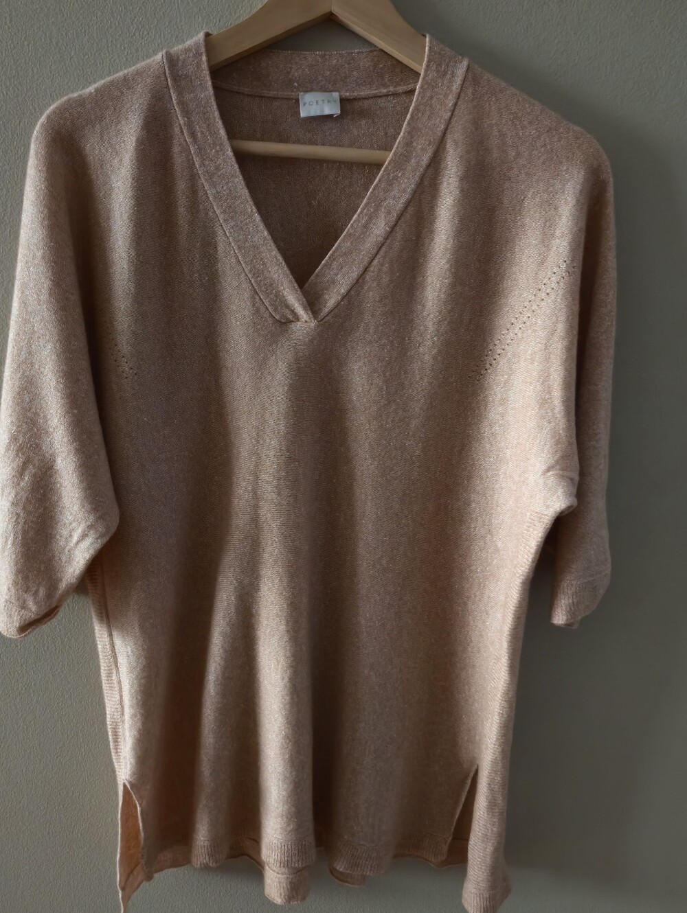 Poetry Cashmere Linen Blend Sweater Short Sleeves Salmon SoftPink V-neck Relaxed